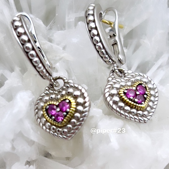 Judith Ripka JR TWO Sterling 18K Gold Rhodolite Heart Drop Legacy Earrings - Picture 2 of 8